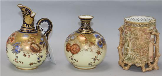 A Royal Worcester pierced chinoiserie vase, shape no. 956 and two Royal Crown Derby Imari-style vases, H 15cm (tallest)